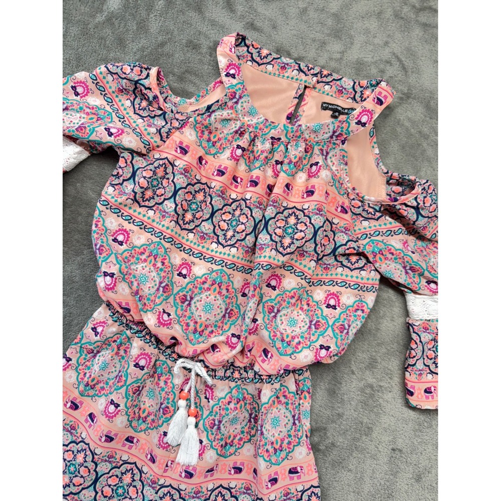 My Michelle Girls Romper Size M Pink Blue Paisley Cold Shoulder Bell Sleeve